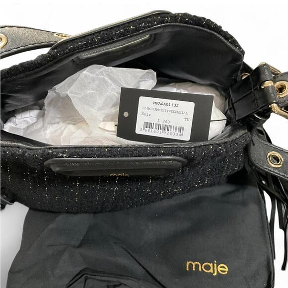 NWT MAJE Black Gold Metallic Tweed Crossbody Shoulder Bag Purse Leather Tassel - Picture 8 of 10